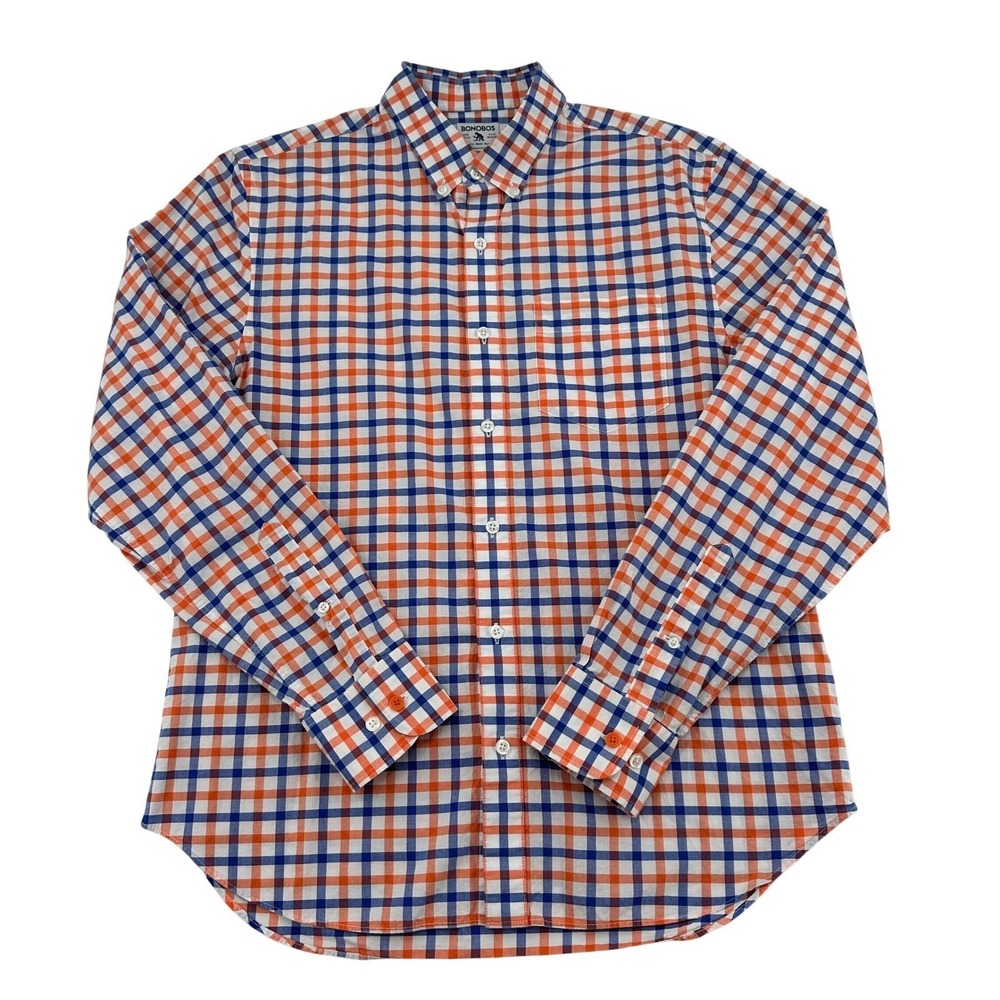 Bonobos Standard Fit Button Down Shirt Orange Blue Gingham Plaid Cotton Mens M